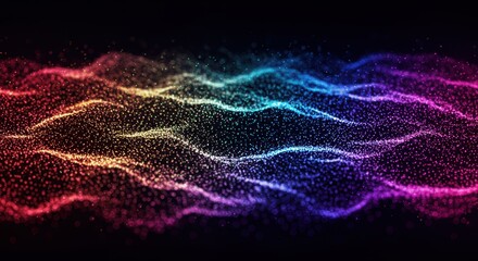 Glowing particle wave structure displays vibrant spectrum of colors across a dark background