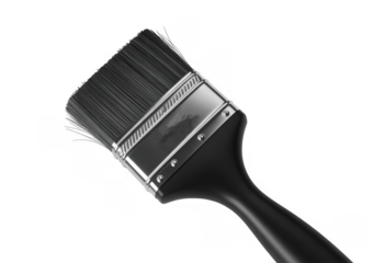 Black paintbrush with silver ferrule and black handle isolated on a transparent background