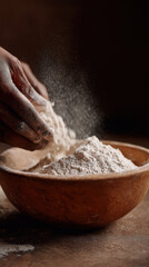 Fototapeta premium Hand dust flour over wooden bowl artisan cooking scene rustic kitchen light warm tone closeup texture craft food prep bakery mood homemade recipe care tactile motion soulful ambiance