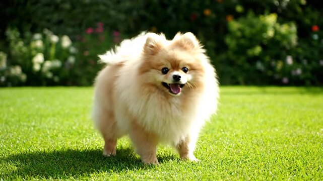 Adorable fluffy Pomeranian dog standing on green grass lawn outdoors, in sunny garden. Cute pet. Animal health.