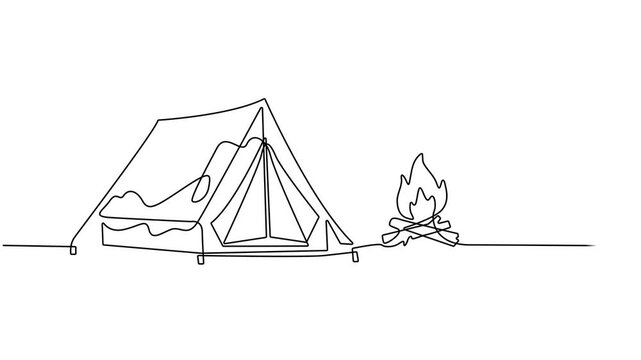 Self drawing line animation tourist tent continuous one single line drawn concept video, Full length animation, World, family adventure camping scene. tent camping in outdoor travel animated self draw