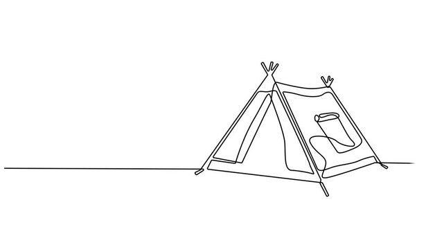Self drawing line animation tourist tent continuous one single line drawn concept video, Full length animation, World, family adventure camping scene. tent camping in outdoor travel animated self draw