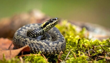 Fototapeta premium European Adder Snake Coiled on Mossy Ground in Natural Habitat.