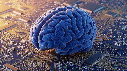 Conceptual image of a blue artificial brain superimposed on a circuit board signifying technology innovation and artificial intelligence
