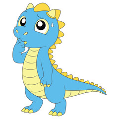 Fototapeta premium Cute Blue Dinosaur Thinking Pose. Curious Cartoon Character for Kids