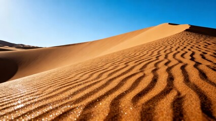 Sand dunes with rippled patterns under clear blue sky in a desert landscape