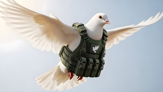 White peace dove flying while wearing green military tactical vest and body armor concept