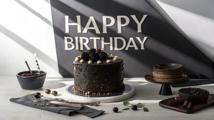 Moody birthday scene, matte black cake, dramatic shadows, minimal props, “HAPPY BIRTHDAY” written in bold white modern typography, luxury editorial lighting, clean background