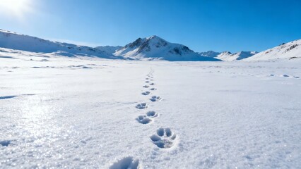 Footprints in snow leading toward distant snow-capped mountains under a clear blue sky