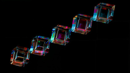 Geometric crystal cubes with rainbow light refraction on a black background