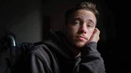 Obraz premium A contemplative young man in a wheelchair gazes thoughtfully, showcasing a moment of introspection in soft, natural light.