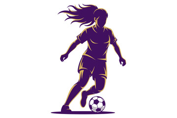 Naklejka premium Silhouette of a female soccer player dribbling the ball with a flowing ponytail during a match, sports illustration
