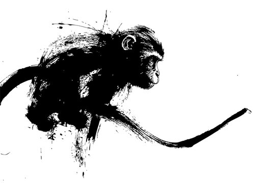 Chinese new year monkey zodiac brush painting with dynamic ink strokes on white background