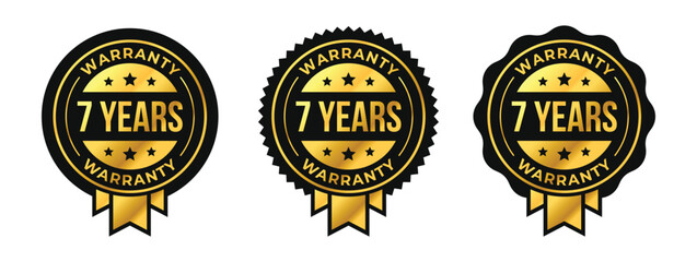 7 Years Warranty Gold Badge Vector Set with Luxury Ribbon and Stars for Premium Quality Guarantee