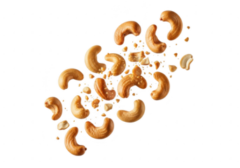 Cashews in motion against a dark background