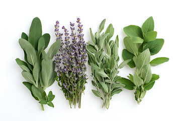 Fresh Culinary Herbs Selection Isolated on White Background,  Assorted Green Herbs and Lavender Sprigs on White Background.