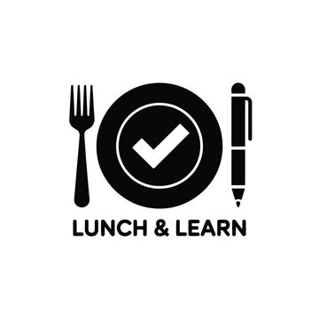 Fork plate pen and lunch learn text in a simple black graphic