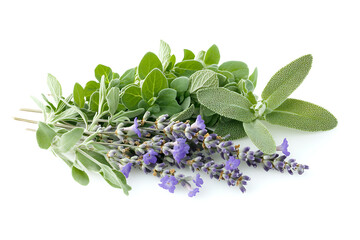 Fresh Culinary Herbs Selection Isolated on White Background,  Assorted Green Herbs and Lavender Sprigs on White Background.