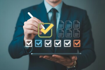 Businessman using digital certification and quality assurance interface. Concept of standardization, compliance, document approval, verified checkmark, audit process, and digital validation system.