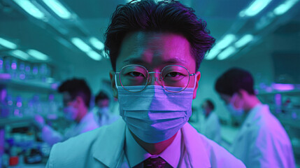 A scientist in a lab wearing a mask and glasses, surrounded by colleagues, illuminated by vibrant blue and purple lights.
