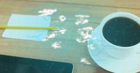 Sitting white cup black coffee on saucer on wood-desk, tablet, cards, pencil blue grid, copy space