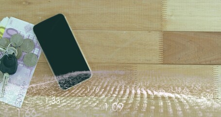 Showing smartphone with dark screen on wood table, keys keyfob cash fingerprint overlay, copy space