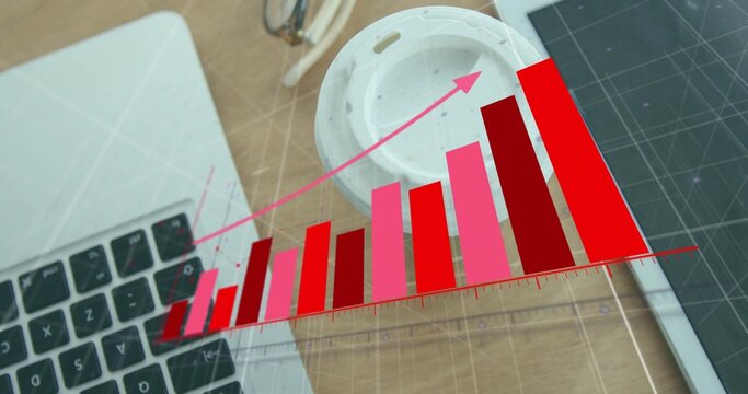 Displaying red pink upward 3D bar chart overlay on wood desk with laptop, coffee, tablet, glasses - Powered by Adobe