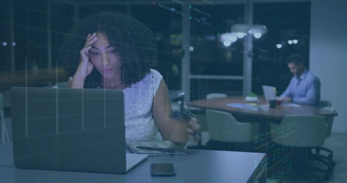 Typing woman in lace top rubbing forehead at night office, with laptop smartphone and data overlay - Powered by Adobe