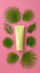 Green Cosmetic Tube Mockup with Tropical Leaves on Pink Background