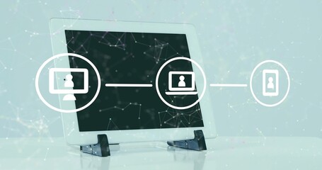 Displaying white tablet on black stand on glossy tabletop, showing circular icons, network nodes © vectorfusionart