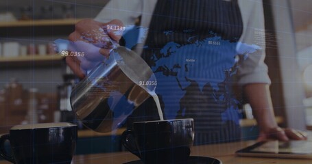 Pouring barista in apron holding cup pouring milk at coffee counter with metal pitcher, map-overlay