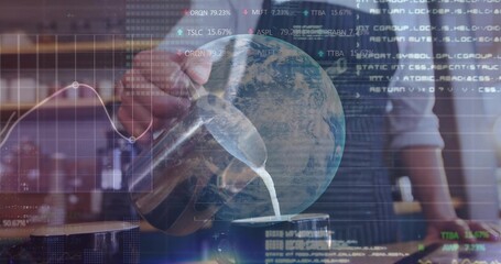 Pouring barista in light shirt, dark apron making latte at cafe with pitcher and code overlays