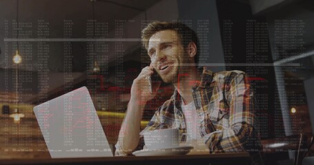Calling plaid-shirted man sitting at cafe table, using laptop with cup and saucer, code overlay