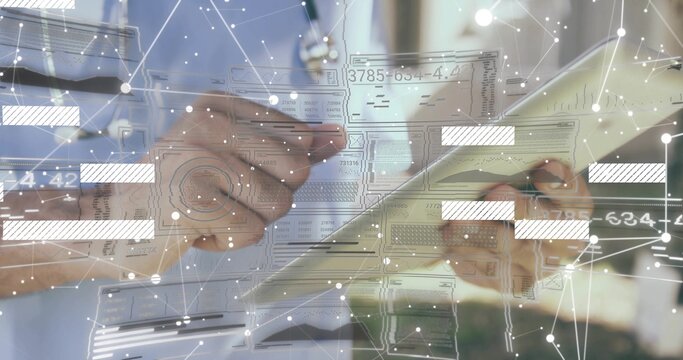 Holding card, worker's hands tapping tablet at desk, white cuff holding stylus with data overlays - Powered by Adobe