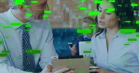 Talking pair in shirt or tie and blouse using tablet in office lounge with phone and green-binary-co