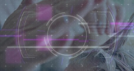 Displaying blurred female-presenting face floating in studio composite, with HUD reticle grid