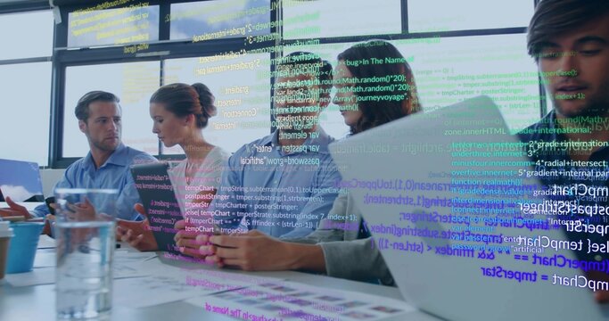 Working team of six in shirts reviewing mockups coding on laptops in meeting room code overlay - Powered by Adobe