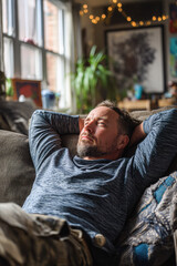 Obraz premium A man relaxes on a couch, hands behind his head, in a cozy room filled with plants and warm lighting.