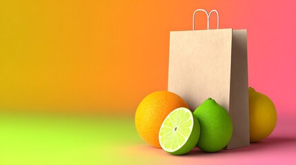 Kraft Paper Food Bag with Citrus Fruit Flatlay