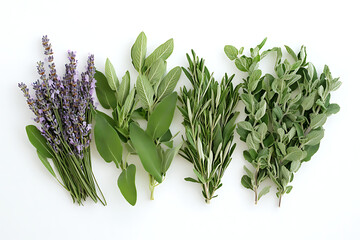 Fresh Culinary Herbs Selection Isolated on White Background,  Assorted Green Herbs and Lavender Sprigs on White Background.