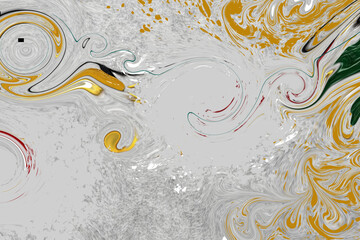 Abstract fluid art background with swirling gold and grey tones. Dynamic liquid marble pattern with subtle hints of red and green.
