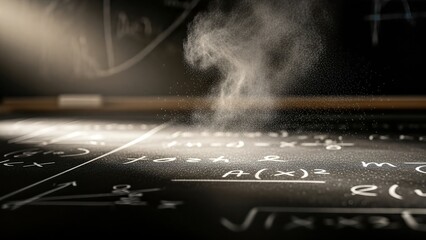 Mysterious Smoke Rises from a Chalkboard Covered in Complex Mathematical Formulas and Equations.