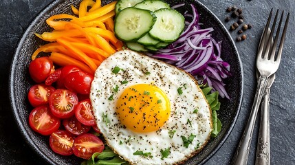 Healthy Salad Bowl with Fried Egg, Vegetables and Wooden Spoon Flatlay