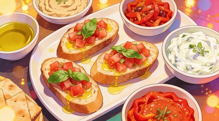Commercial digital illustration of appetizers platter with bruschetta and dips, overhead view, vibra