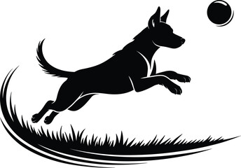 Fototapeta premium Energetic black dog silhouette jumping to catch ball in grassy field playful canine pet animal illustration for veterinary clinic branding pet supply advertising outdoor adventure sports logo design h