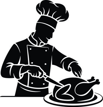 Professional chef cutting roast turkey silhouette illustration for holiday food preparation culinary arts catering business restaurant menu design festive thanksgiving christmas dinner cooking prepara