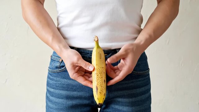 Person holding a banana in front of jeans, Symbolizing male anatomy and health