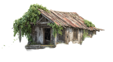 Abandoned Wooden Cottage with Overgrown Vines
