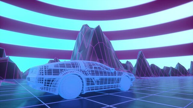 Wireframe Vehicle Rendered in 80s Style Synthwave Sci-Fi Environment