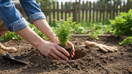 Close up of hands planting a green seedling in dark soil. Person gardening in a backyard with a trowel and gloves. Growth and sustainability concept